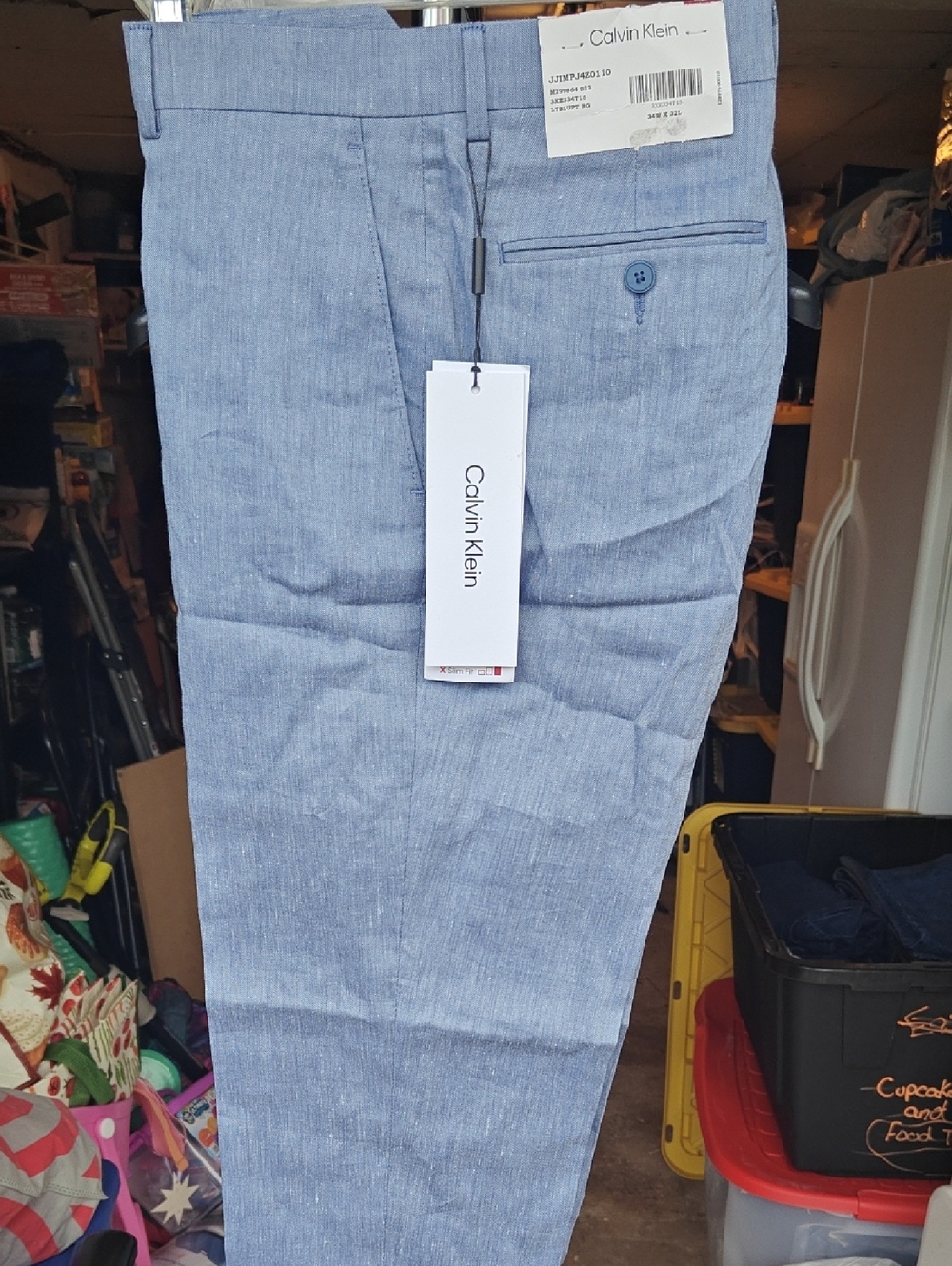 Calvin Klein Men's Chambray Linen Light Blue Slim Fit Dress Pants